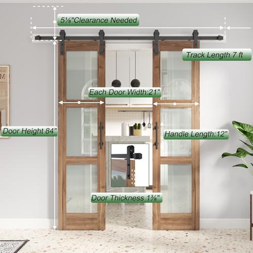 Double 18 x 84 inch Glass Barn Door with Hardware Kit & Handle Included, 3-Panel Frosted Glass, Need Assembly S404