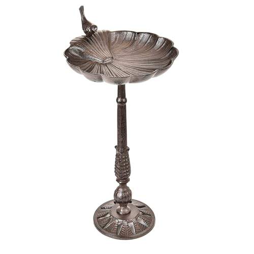 Sungmor Heavy Duty Cast Iron Tall Bird Bath for Garden - Antique Style & Shell-Shape Metal Bird Feeder Watering Fountain Bowl - Outdoor Yard Deck Standing Birdbath - Great Ornament for Patio Table