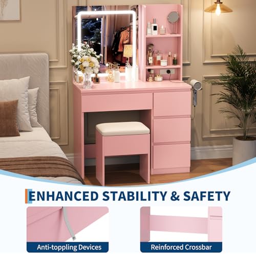 Vanity Desk with Mirror and Lights, 4 Drawers and Storage Stool D711