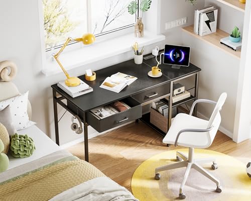 Small Computer Desk with Drawers & Power Outlet for Bedroom, Home Office M131