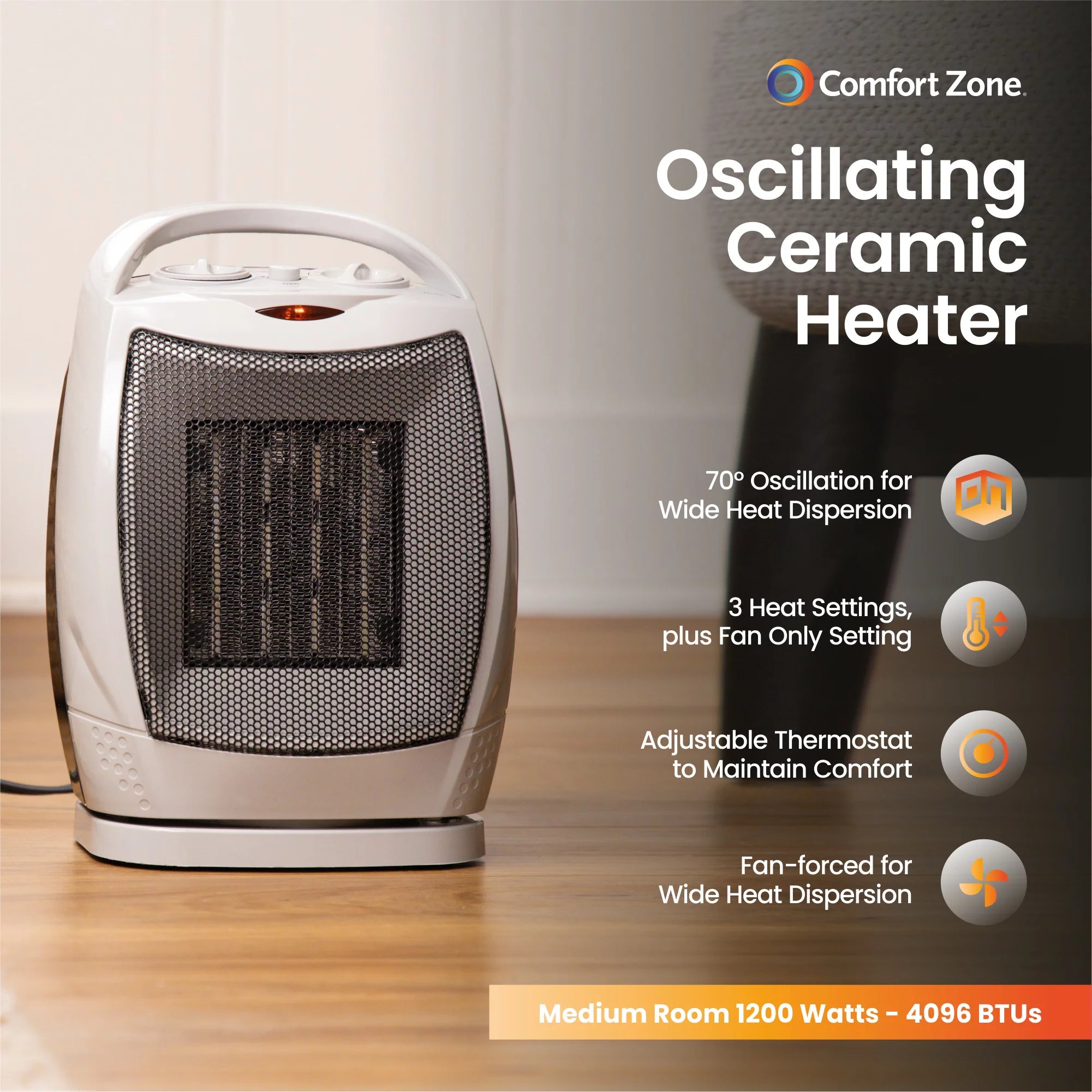 Oscillating Ceramic Heater, 1500W, Adjustable Thermostat E7454