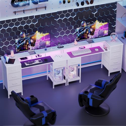 47 Inch Computer Gaming Desk with Power Outlets LED Lights and Storage Drawers I77165