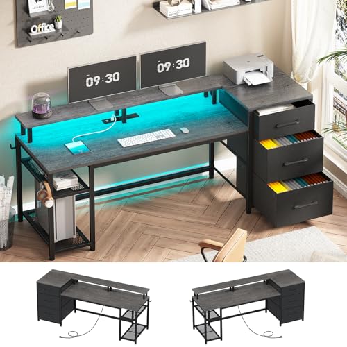 Office Desk with Drawers, Reversible Computer Desk with Storage, LED Lights & Power Outlet, Rustic Brown X65554