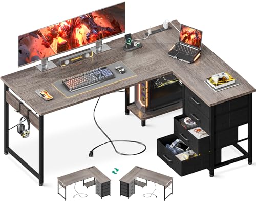 L Shaped Desk with 4 Tier Drawers, Power Outlets & USB, Corner Computer Desk with CPU Stand U4256