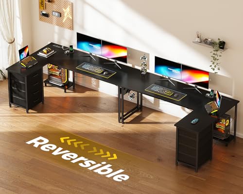 L Shaped Desk with 4 Tier Drawers, Power Outlets & USB, Corner Computer Desk with CPU Stand U4256