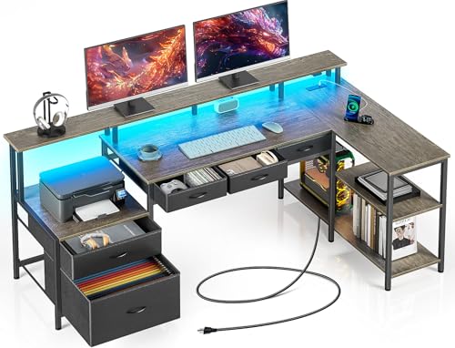 L Shaped Desk with File Drawers, Power Outlet & LED Lights, Corner Computer Desk with Monitor Stands Z425