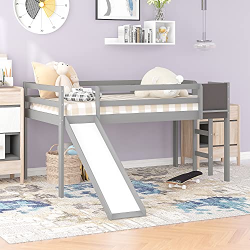 Wood House Loft Bed Frame with Slide and Storage Shelves Z806