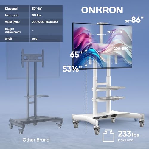 Mobile TV Stand on Wheels for 50-86 Inch TVs, Adjustable Height, Rolling Cart with Shelves B525016