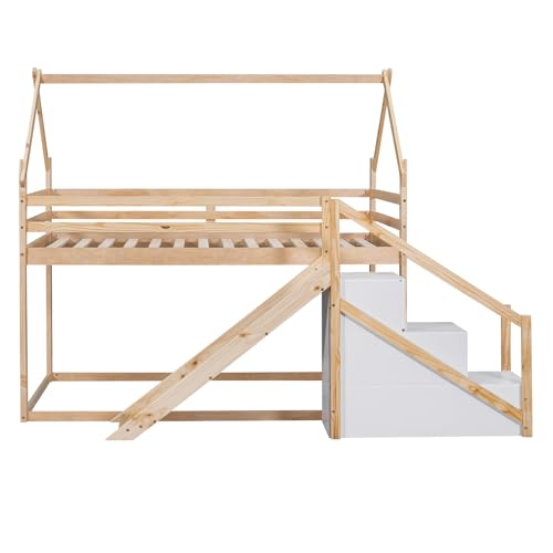 Wood House Loft Bed Frame with Slide and Storage Shelves Z806