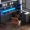 L Shaped Computer Desk with Drawers, LED Lights and Power Outlets O9269