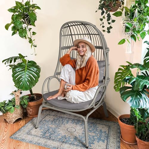 Outdoor Egg Chair with Stand & Cushion, Patio Rattan Basket Chair R237278