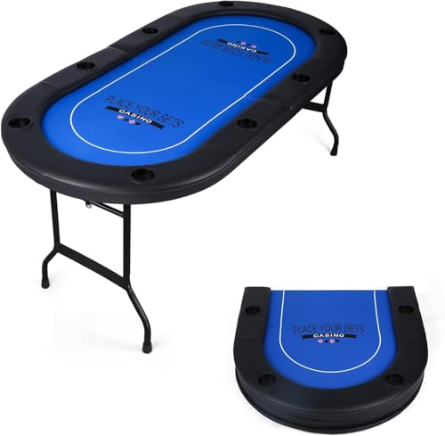 84" Foldable Poker Table with Chips Tray, 10 Player Oval, Green Felt U489