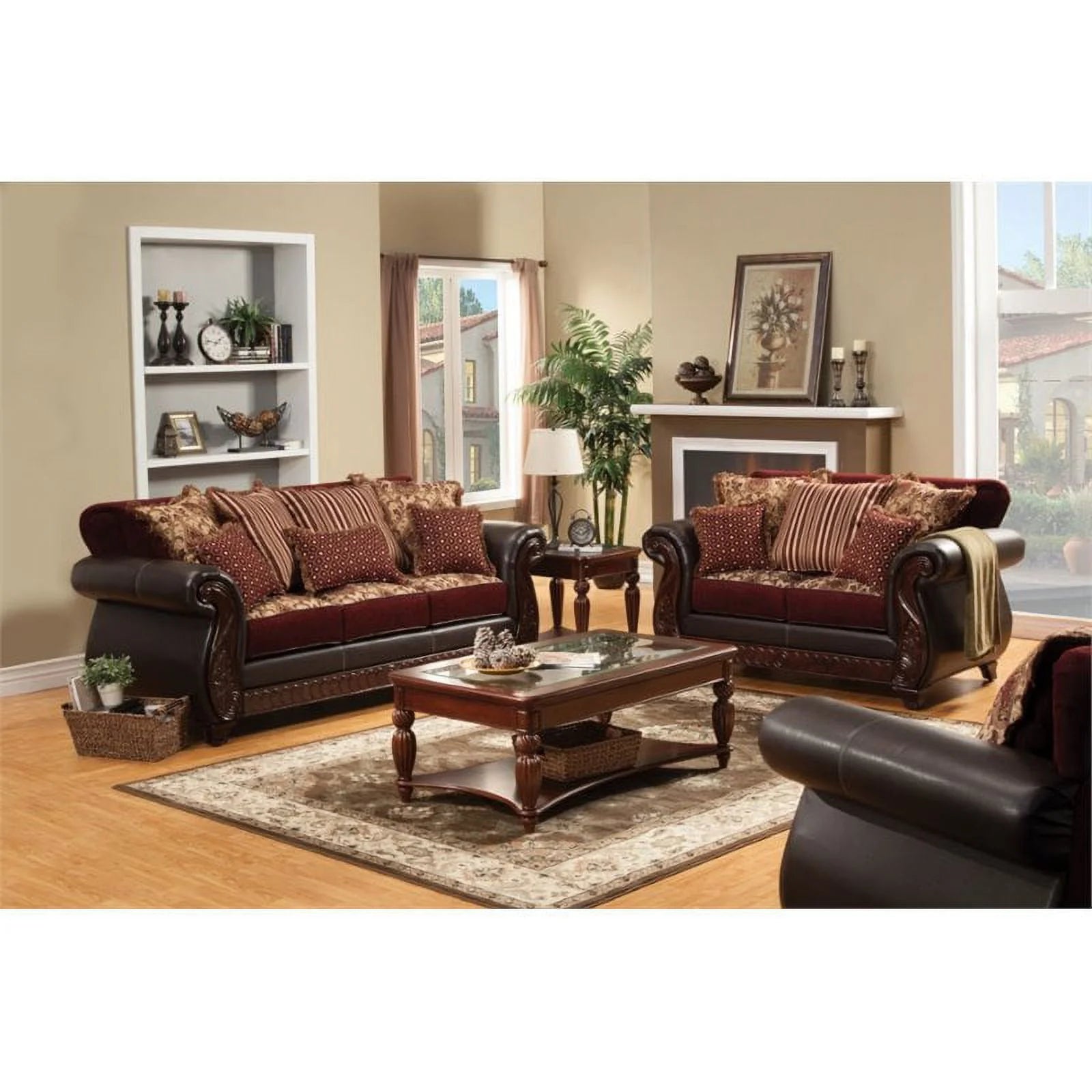 Faux Leather 2-Piece Sofa Set in Burgundy Red L49869