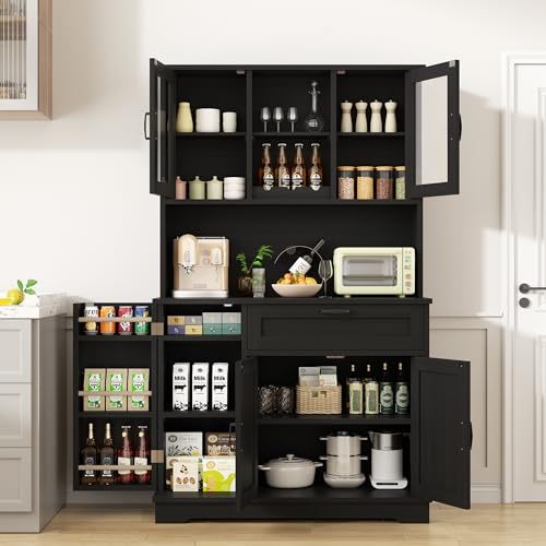 Freestanding Kitchen Pantry Cabinet with Microwave Stand, 4 Doors, Adjustable Shelves and Wine Rack C21265