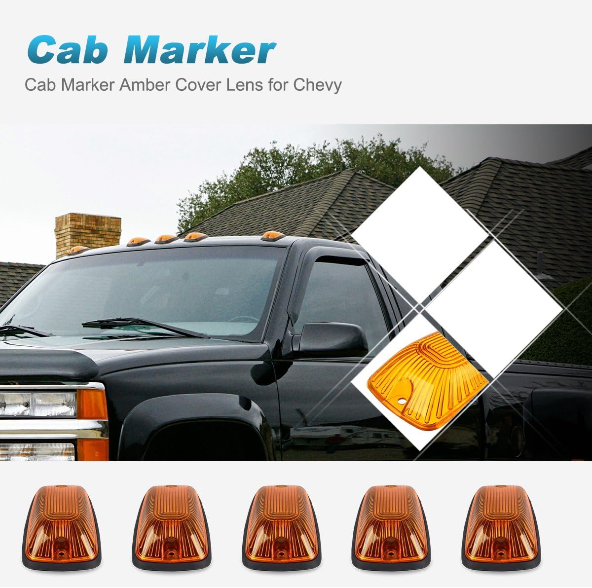 5X 264159AM T10 194 Amber LED Cab Marker Roof Running Lights with Wiring Pack for 1988-2002 Pickup Trucks T9754
