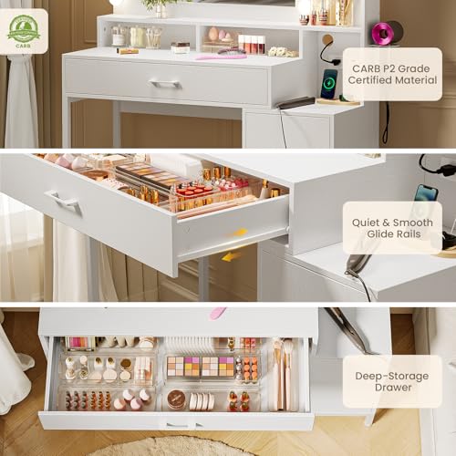 White Vanity Desk with Mirror and Lights and Storage Drawer M5848