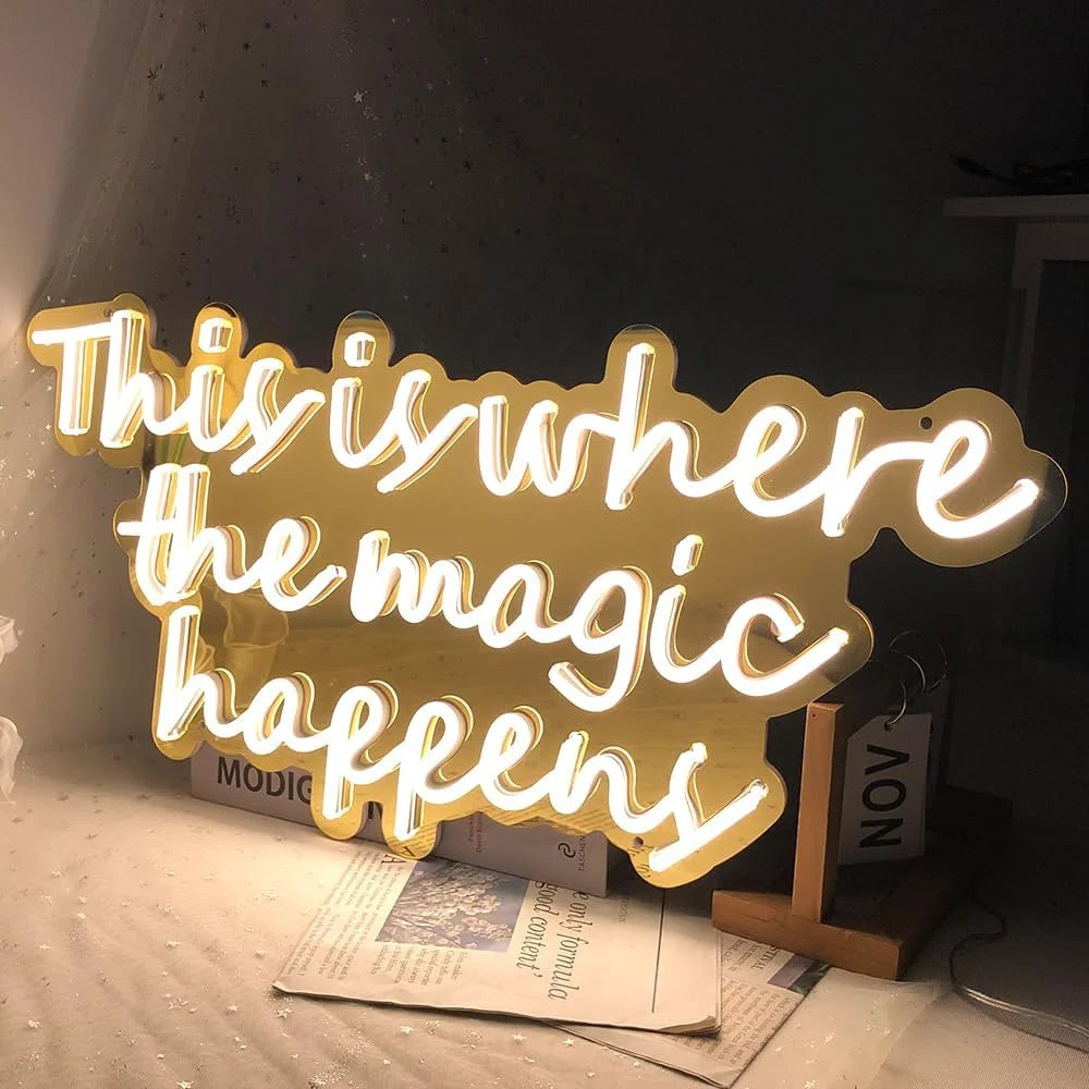 This Is Where The Magic Happens Neon Sign 24x12“, Large LED Neon Signs for Wedding Backdrop Bachelorette Birthday Gifts, Neon Lights with Gold Mirror Backing for Bar, Salon, Lash, Nail Room