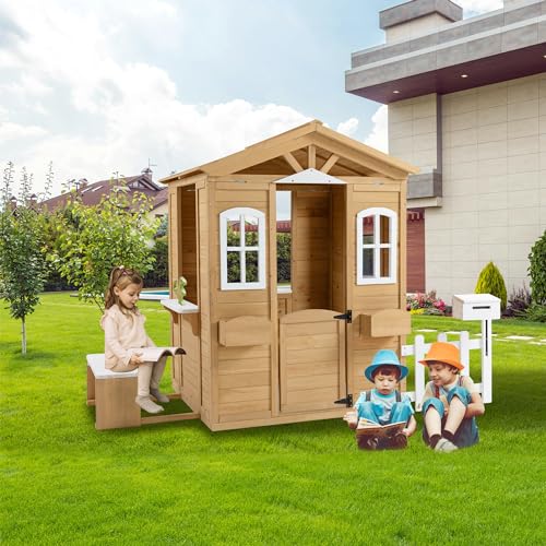Wooden Playhouse for Kids with Window and Picnic Bench Y6736