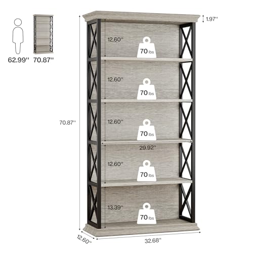 6-Tier Industrial Bookcase, 71 Inches Tall, Floor Standing Storage Shelves for Home Office, Brown and Black V7912