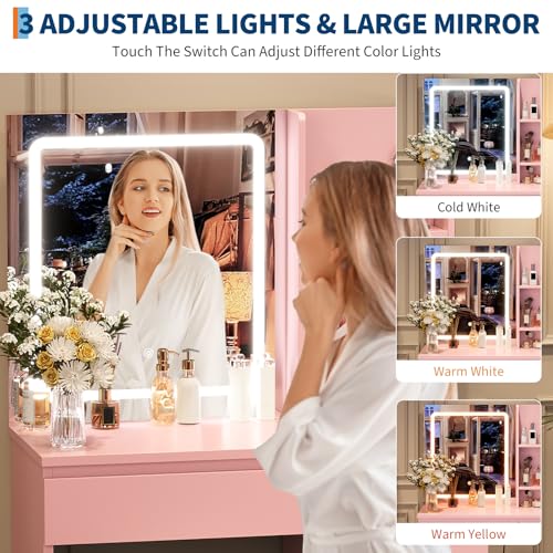 Vanity Desk with Mirror and Lights, 4 Drawers and Storage Stool D711