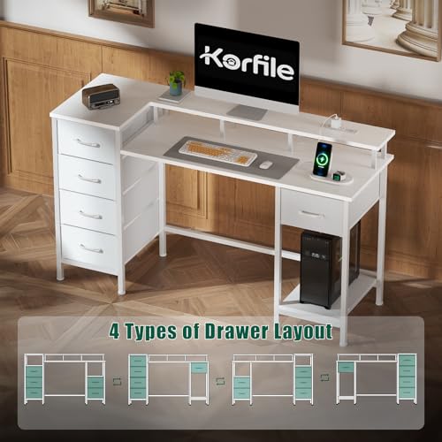 47 Inch Computer Gaming Desk with Power Outlets LED Lights and Storage Drawers I77165