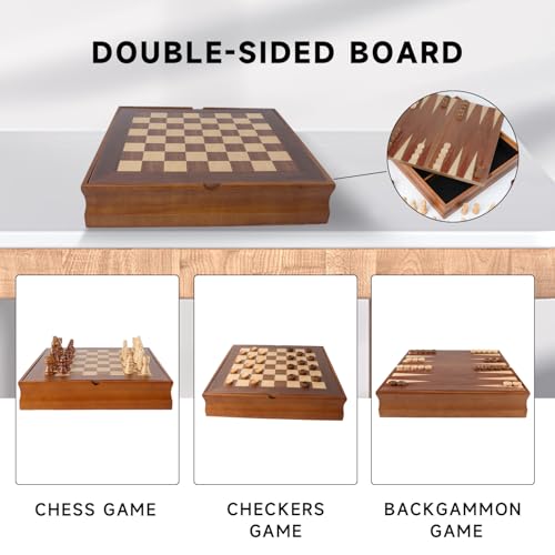 16" 3-in-1 Wooden Folding Chess, Checker & Backgammon Board Game Set L259