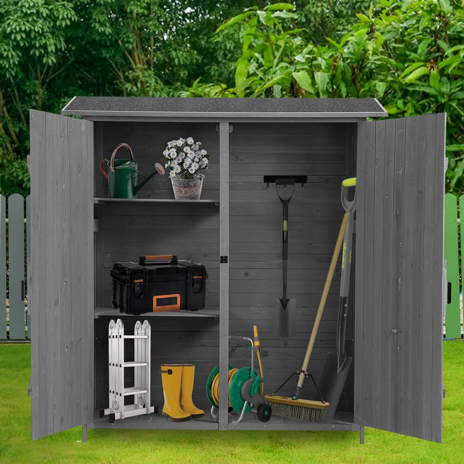 Outdoor Storage Shed, Wood Garden Cabinet with 2 Lockable Doors, 2 Adjustable Shelves & Metal Hooks, Ider for Yard Garge Patio Deck Porch, 56" L x 19.5" W x 64" H - Aqua Grey