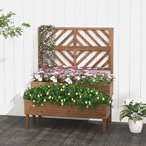 Raised Garden Bed with Trellis, 2-Tier Wooden Planter Box with Legs and Drain Holes F8672