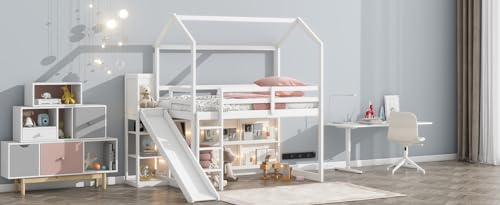 Wood House Loft Bed Frame with Slide and Storage Shelves Z806