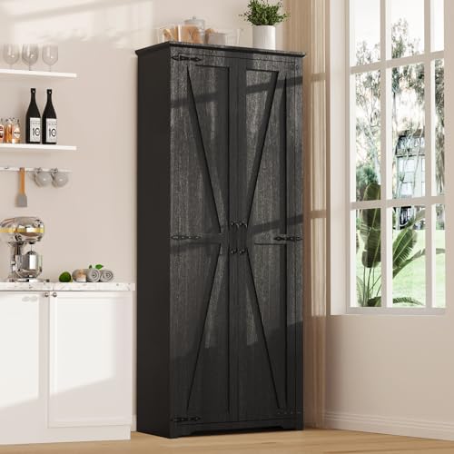 Farmhouse Pantry Cabinet with 6 Shelves and Barn Doors, Brown K34379
