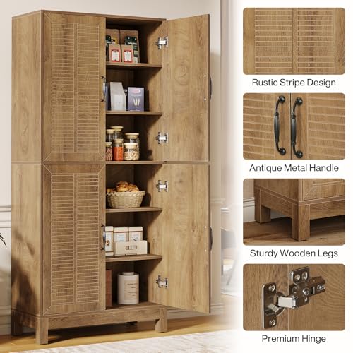 70" Tall Kitchen Pantry Cabinet with Adjustable Shelves, 6-Tier Storage Cabinet with Doors S4665