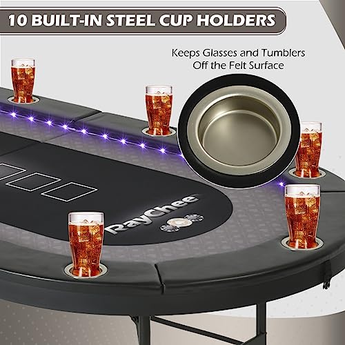 LED Poker Table, 10 Player Foldable Texas Holdem with LED Lights, USB Ports, Cup Holders A93805