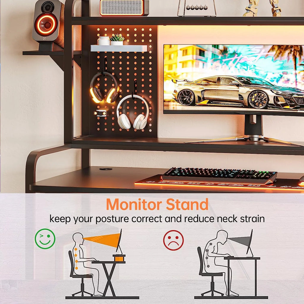 Gaming Desk with Hutch and Shelves, LED Lights, Monitor Shelf, Black B371