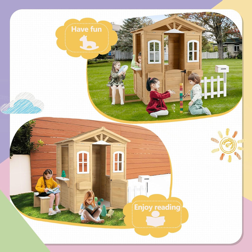 Wooden Outdoor Playhouse for Kids with Working Doors, Windows and Mailbox T237