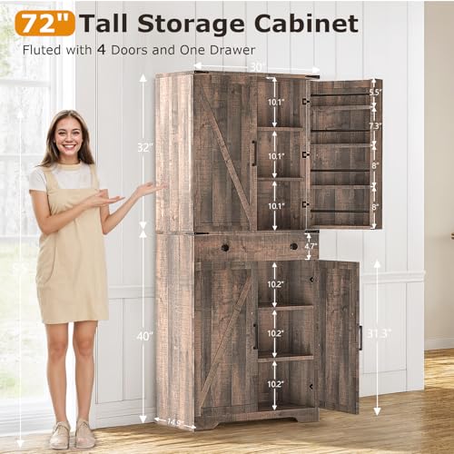 Farmhouse Pantry Cabinet with 6 Shelves and Barn Doors, Brown K34379