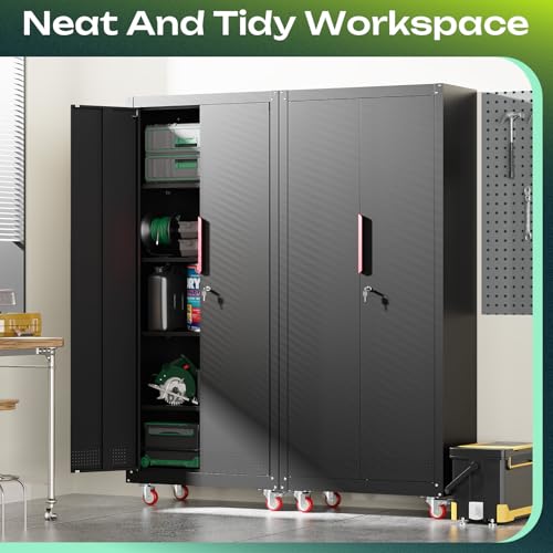 Metal Garage Storage Cabinet with 5 Adjustable Shelves and Wheels T460