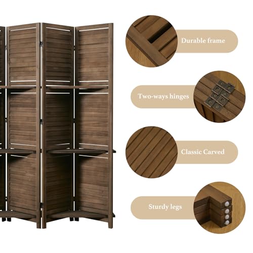 Folding Room Divider with Shelves, 6 Panels, Brown D785582
