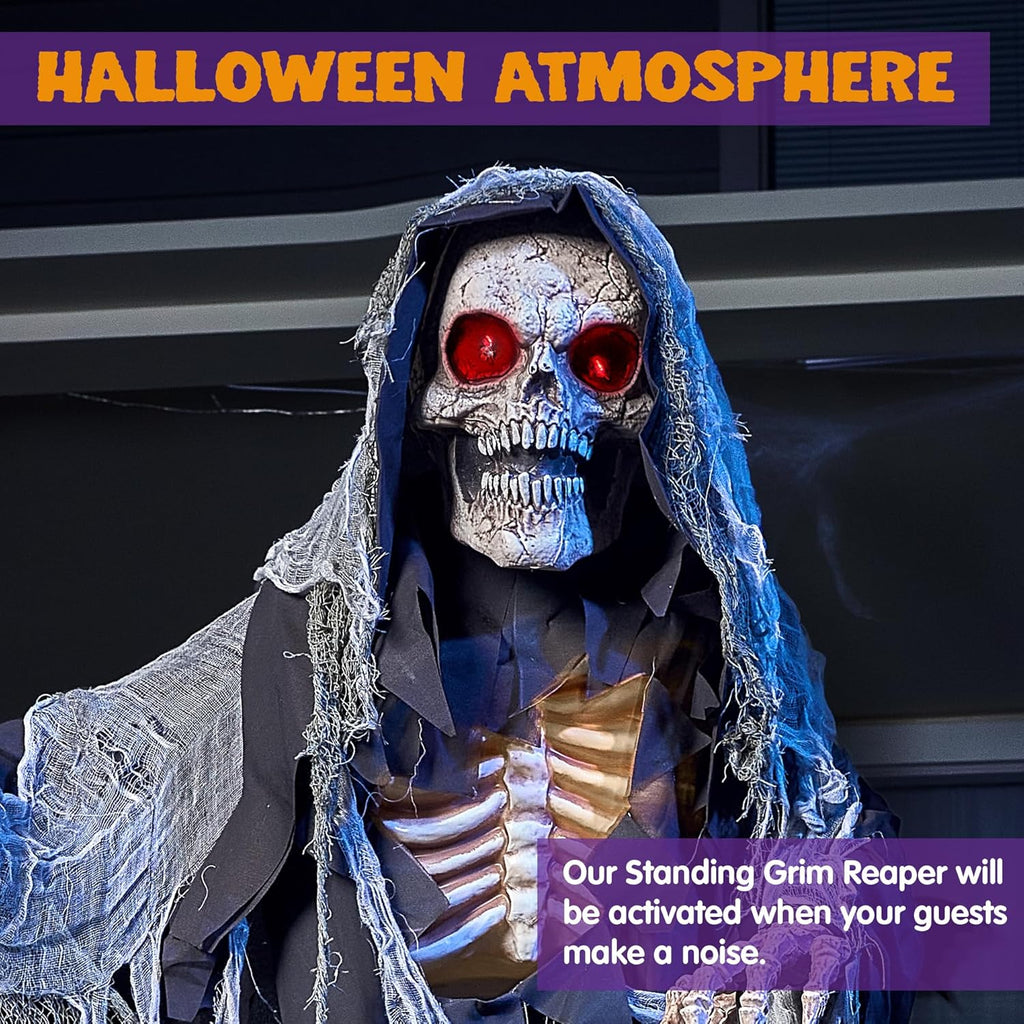 Halloween Animatronics Standing Grim Reaper Decoration with Light-Up Eyes and Moving Arms K979928