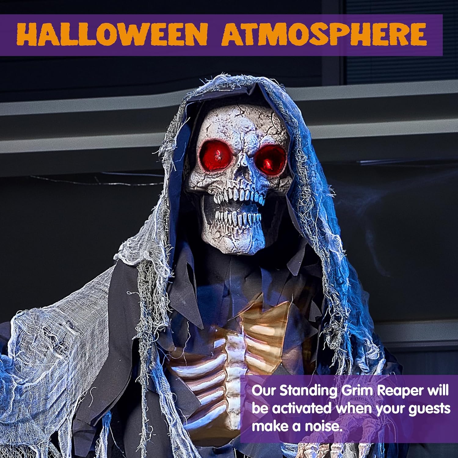 Halloween Animatronics Standing Grim Reaper Decoration with Light-Up Eyes and Moving Arms K979928