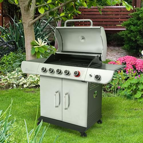 5 Burner Propane Gas Grill with Side Burner & Sear Burner, Stainless Steel, 61,000 BTUs for Outdoor Cooking J44613