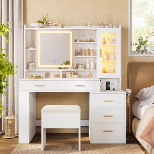 Makeup Vanity Desk with Sliding LED Mirror and Drawers I383