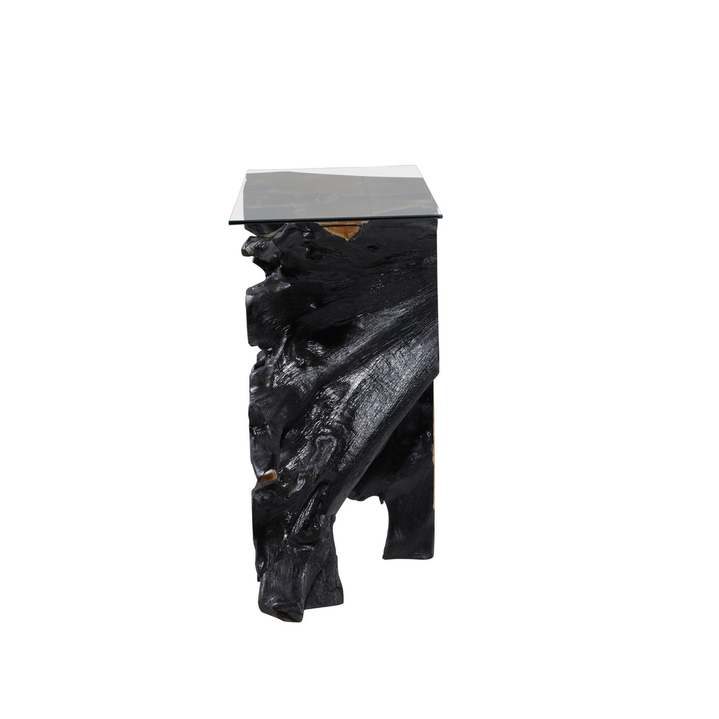 Black Teak Wood Live Edge Console Table with Clear Glass Top X4060