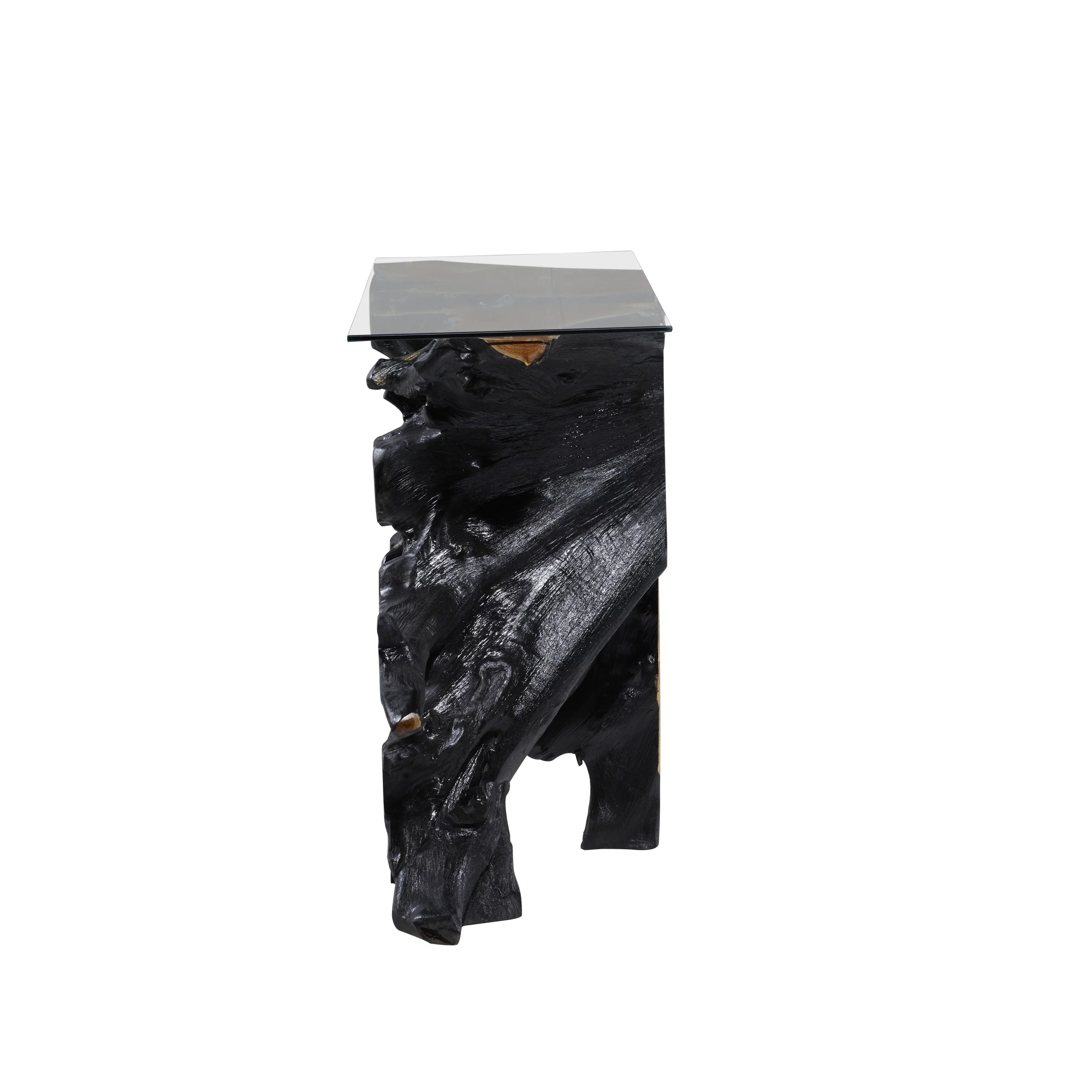 Black Teak Wood Live Edge Console Table with Clear Glass Top X4060