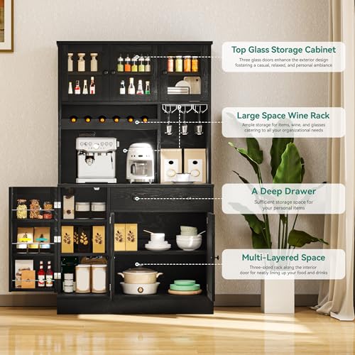 Kitchen Pantry Cabinet with Wine Rack & Power Outlet, 71" H Tall Storage Cabinet with Doors and Shelves W56221