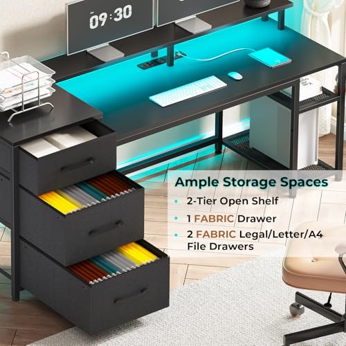 Office Desk with Drawers, Reversible Computer Desk with Storage, LED Lights & Power Outlet, Rustic Brown X65554