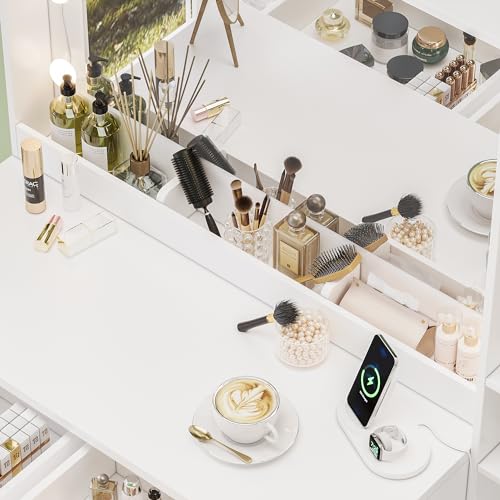 White Vanity Table with Drawer, Charging Station, Lighted Mirror P35549