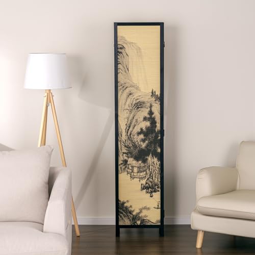 4-Panel Folding Bamboo Room Divider with Cherry Blossom Scene B61114