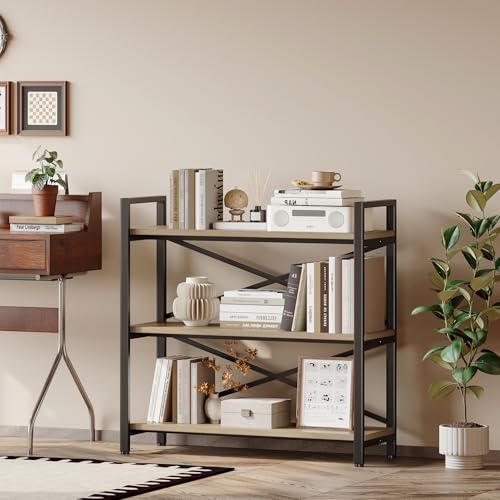 3 Tier Industrial Bookcase, Rustic Etagere Bookshelf for Living Room U5786