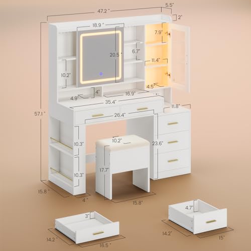 Makeup Vanity Desk with Sliding LED Mirror and Drawers I383