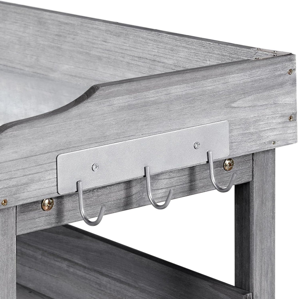 Wooden Potting Bench Table with Metal Tabletop and Storage Shelf A212159